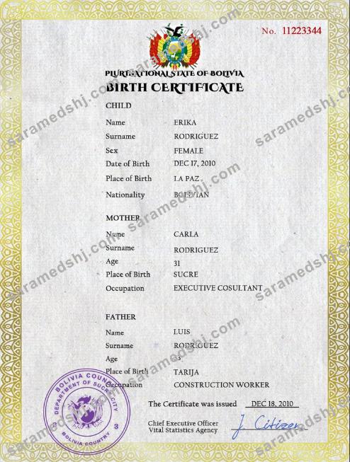 Bolivia vital record birth certificate PSD template